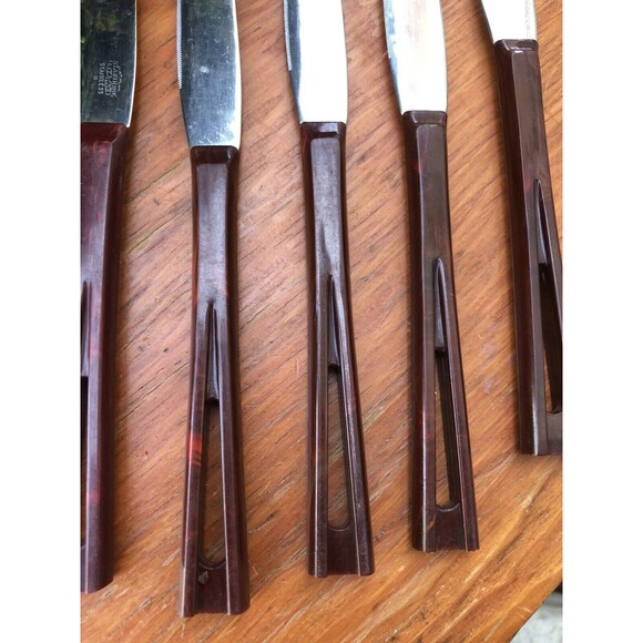 Stanhome Bakelite Kitchen Table Knives Stainless Steel Set of 6 Vintage - Picture 3 of 9